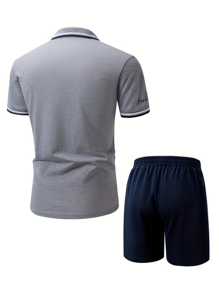 Men'S Polo Shirt Fashion Casual Set Pique Mesh Letter Pattern Top And Bottom