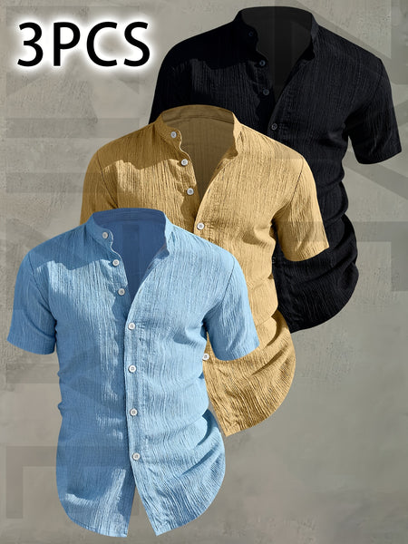 [Pearson OBM] 3pcs Men'S Summer Short Sleeve Shirt - Lightweight Breathable Solid Color Button-Up Casual Shirt with Stand Collar, Machine Washable for Beach Vacation, Pool Party And Casual Attire, Beach Shirt, Perfect for Gifting