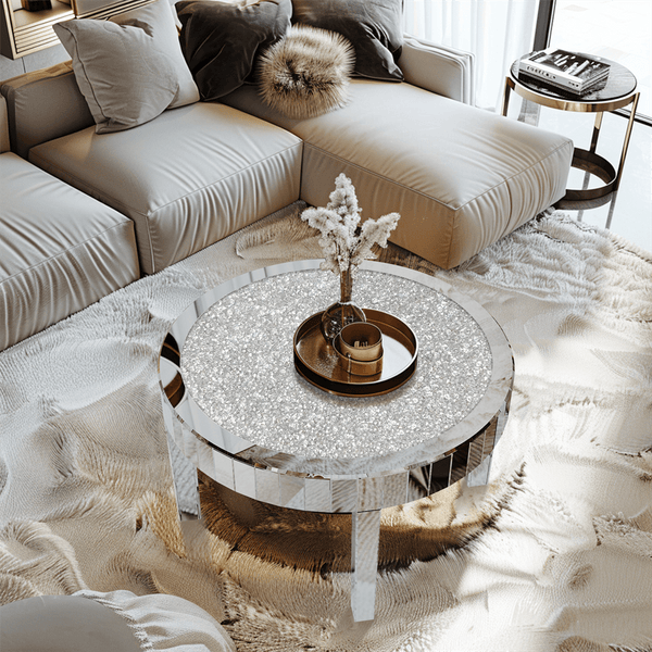 LUVODI Large Round Mirrored Coffee Table Beveled Bling Crushed Diamond End Table for Living Room, Bedroom, Office Decor