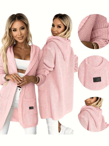 New Women's Autumn/Winter Solid Color Long Sleeve Mid-Length Hooded Pocket Simple Casual Fashion Versatile Daily Wear Sweater Cardigan Jacket