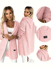 New Women's Autumn/Winter Solid Color Long Sleeve Mid-Length Hooded Pocket Simple Casual Fashion Versatile Daily Wear Sweater Cardigan Jacket