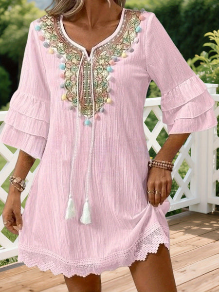 Women's Loose Mini Dress with Ruffle Sleeve & Short Flowy Dress - Solid Color -Line, Machine Washable Suitable for Spring Summer Fall Wedding Guest Dress, Casual Outfits