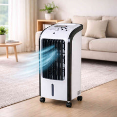 Portable Evaporative Air Cooler with Humidifier – 4L Tank, Remote Control, 2 Ice Packs, 3 Speeds, 7.5-Hour Timer, Auto Swing, Bedroom Room Cooler with Wheels