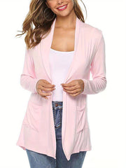 Women Simple Style Cardigan, Solid Color Long Sleeve Knitwear with Pockets, S/ M/ L/ XL/ XXL