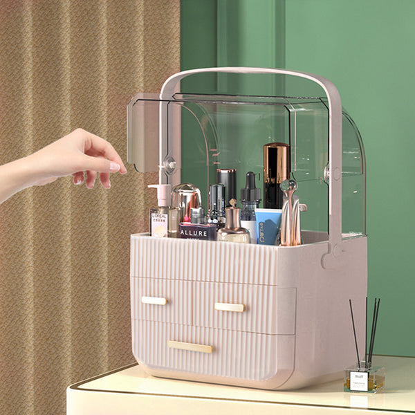 3-Tier Pink Jewelry Storage Box with Protective Lids, Plastic Makeup Organizer Features Multi-Drawer System, Desktop Display Case 24.6x18.6x35.3cm Perfect for Organizing Lipsticks, Cosmetics and Jewelry Pieces on Bathroom Counter and Dresser Top