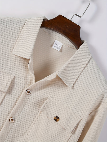 Men's Two-Piece Set, Autumn-Winter Casual Fashion Beach Dual Pocket Turn Collar Long Sleeve Shirt + Trousers Outfit for Fall/Winter Hawaiian Vacation