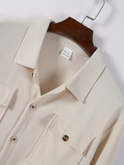 Men's Two-Piece Set, Autumn-Winter Casual Fashion Beach Dual Pocket Turn Collar Long Sleeve Shirt + Trousers Outfit for Fall/Winter Hawaiian Vacation