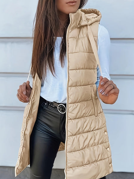 Women's Elegant Hooded Puffer Vest Coat - Thermal Insulated Sleeveless Winter Jacket with Full-Zip Closure, Machine Washable Outerwear in Brown/Black/White/Blue/Red/Navy/Gray, Cozy Cold-Weather Coat for Everyday & Formal Outfits, Layering Piece for Women