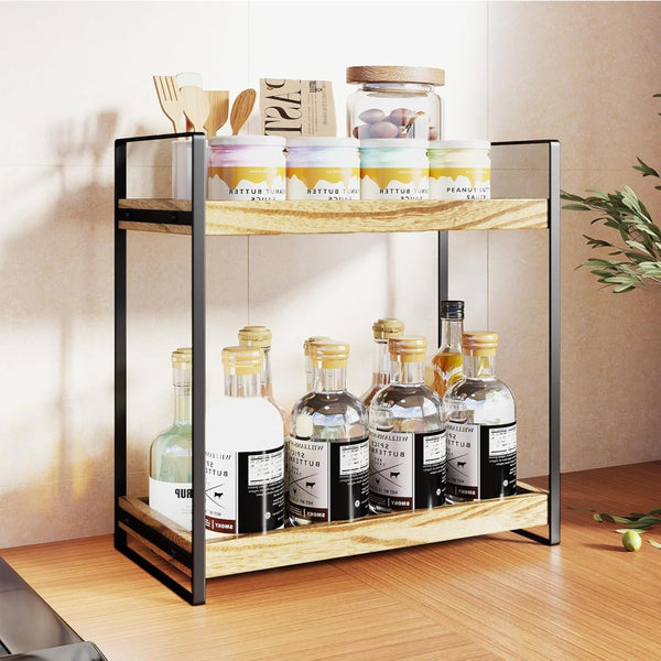 2 Tier Spice Racks Wood & Metal Organiser - Multipurpose Storage Shelf for Coffee Station, Bathroom Vanity, Kitchen Countertop (34x33x17cm) - Rustic British Home Decor