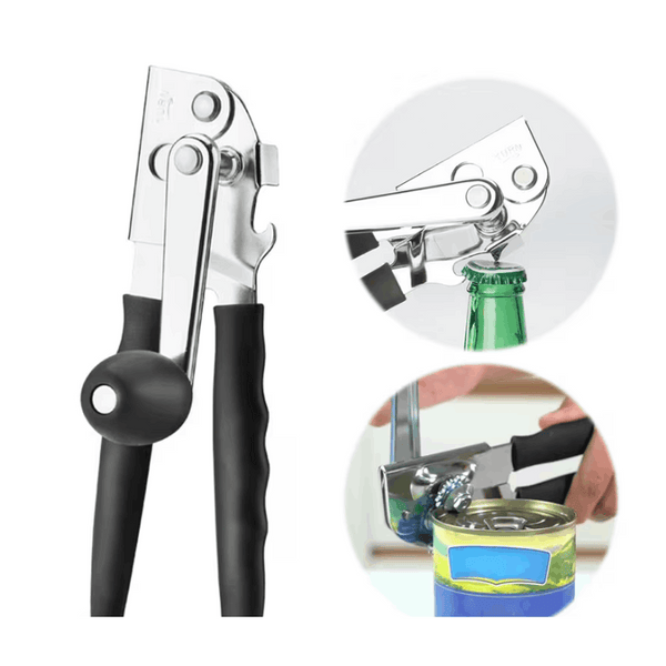 Multi-functional manual can opener stainless steel can and bottle opener in one non-slip labor-saving handle safe and without sharp edges suitable for kitchen tools for cans and bottle caps.
