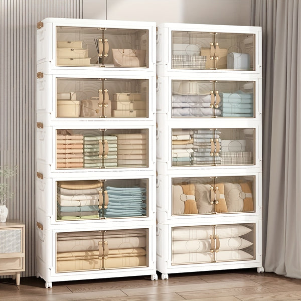 Large Foldable & Stackable Storage Cabinet with Wheels - Heavy-Duty Suitable for, Office, Dorm System, 2/3/4/5-Tier Plastic Shelving Unit with Lids, Space-Saving Foldable for Wardrobe, Bathroom, Freestanding Use