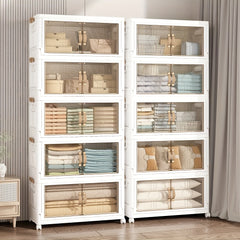 Large Foldable & Stackable Storage Cabinet with Wheels - Heavy-Duty Suitable for, Office, Dorm System, 2/3/4/5-Tier Plastic Shelving Unit with Lids, Space-Saving Foldable for Wardrobe, Bathroom, Freestanding Use