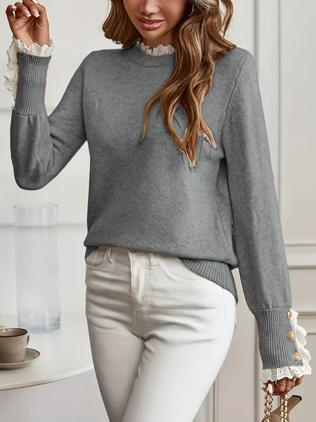 Ladies' Pullover with Lace Trim at The Cuffs And Neckline, a Casual And Elegant Sweater Top