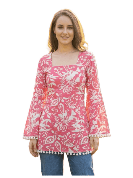 Estationeryhouse Cotton Printed Kurta Top, Long Sleeves, with White Tassels and Drawstring for Adjusting at Back