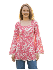 Estationeryhouse Cotton Printed Kurta Top, Long Sleeves, with White Tassels and Drawstring for Adjusting at Back