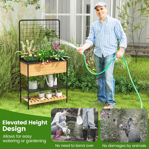 Raised Garden Bed with Trellis and 2-Tier Storage Shelves