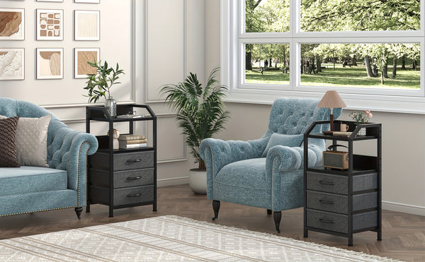 Modern Black Fabric Drawer Nightstand with Open Shelves - Engineered Wood & Metal Frame, 3 Drawers & Open Shelf, Compact 68.58cm Height, 3, 2 Cu Ft Storage, Easy Assembly for Bedroom, Living Room, Dorm, Office, Bedroom Storage, Contemporary Design, Sturdy