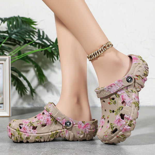 Women'S Floral Print Thick Sole Clogs, Dual-Use Adjustable Strap EVA Garden Shoes, Non-Slip Thick Sole, Summer Beach Wear, Women Shoes