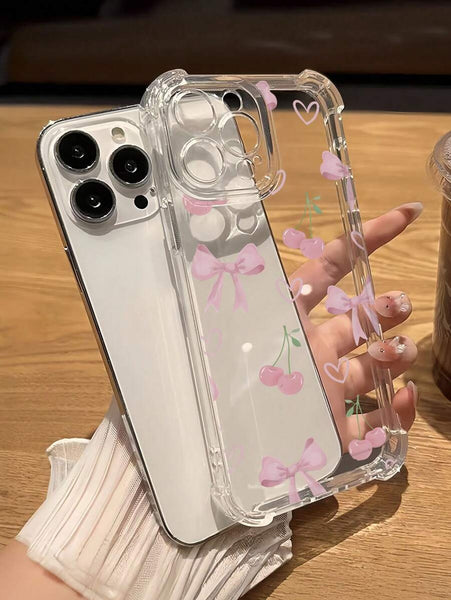 Phone Case: Girly Pink Cherry Bow Shockproof Anti-Slip Transparent Phone Case, for iPhone 17 Promax/Pro/ Air, 16 Plus, 15, 14 Pro Max, 13, 12, 11.wonderful Gift for Friends, Boys, Girls or Family.