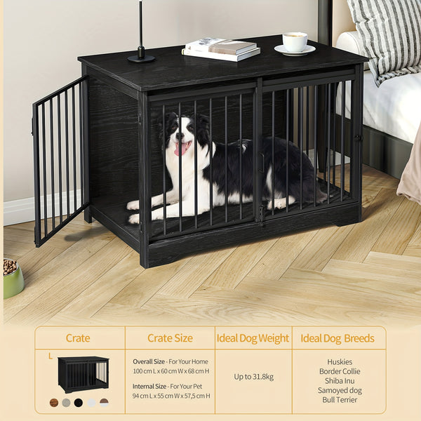 Dog Crate Furniture, 100.08cm Double Door Dog Crate with Barn Door, Dog Kennel Indoor, End Side Table Wooden Dog Crate for Small Medium Large Dog, Anti-Chew Anti-Escape, Greige, White