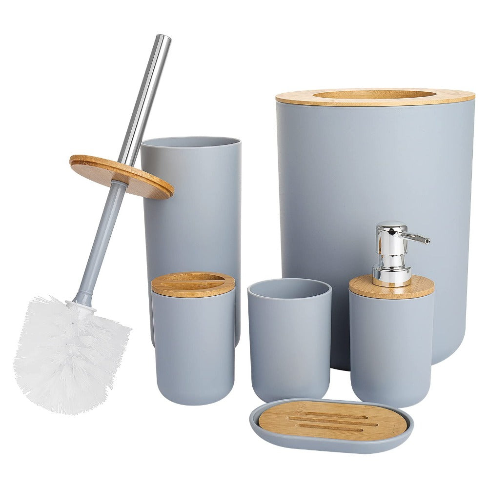 6pc Grey Black White Bathroom Accessories- Bathroom Bin And Toilet Brush Set- Durable Toothbrush Holder Cup- Soap Dispenser With Pump- Soap Dish Holder