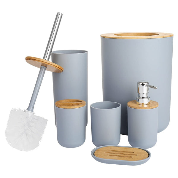 6pc Grey Black White Bathroom Accessories- Bathroom Bin And Toilet Brush Set- Durable Toothbrush Holder Cup- Soap Dispenser With Pump- Soap Dish Holder