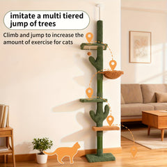 Cactus Cat Tree Floor to Ceiling Cat Tower with Adjustable Height 229Cm-275Cm, 4 Tiers Cat Climbing Activity Center with Cozy Hammock, Platforms And Dangling Balls, Green