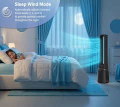 Puremate 2-In-1 Bladeless Tower Fan & Air Purifier with HEPA Filter, 10 Speed Settings, Portable Ultra Quiet Standing Fan with Remote Control, Digital Display, Powerful Air Cooling for Home & Office