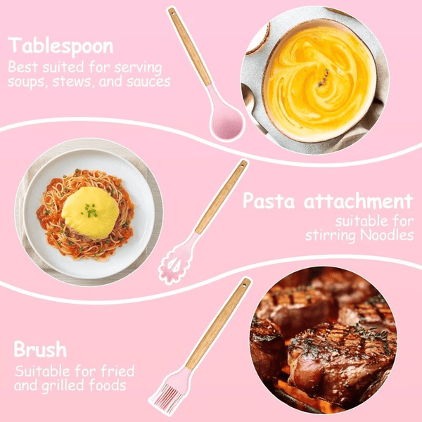 12pcs Silicone Cooking Utensils Set With Wooden Handle Food Grade High Temperature Resistant For Nonstick Cookware Pink