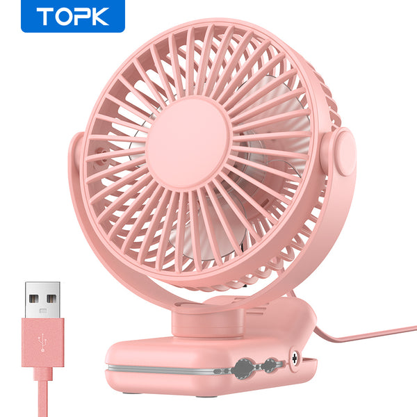 TOPK USB Clip-On Fan, 3-Speed Adjustable Airflow, 720° Flexible Rotation, Low Noise Operation, Portable Clamp Fan for Home, Office, Library, Blue