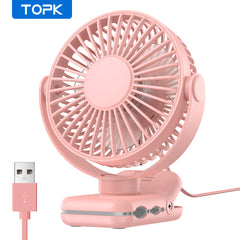 TOPK USB Clip-On Fan, 3-Speed Adjustable Airflow, 720° Flexible Rotation, Low Noise Operation, Portable Clamp Fan for Home, Office, Library, Blue