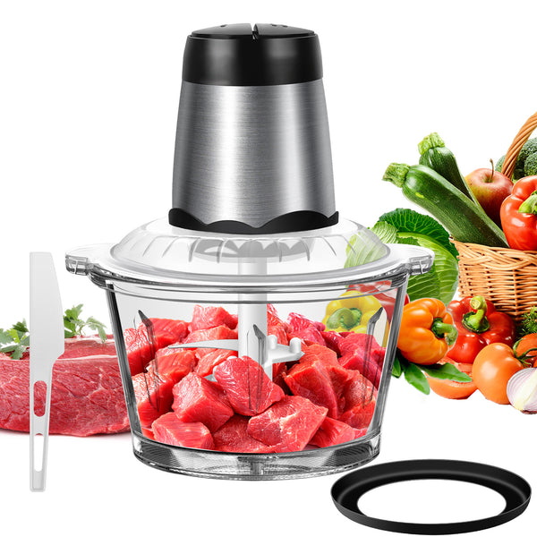 300W 2L Meat Grinder Electric Multifunctional Food Mini Chopper Processors & Chopper with 2L Glass Container, 2 Speed Settings, One Touch Operation, Easy to Clean, Silent Design, Dishwashable Electric Chopper for Chopping Meat, Fruit, Vegetable, Nuts, Car