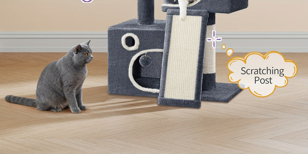 98cm Cat Tree, Cat Tower for Indoor Cats, Multi-Level Cats House Furniture with Scratching Post, 2 Caves, Large Platform, Scratching Ramp, Pompom, Light Grey