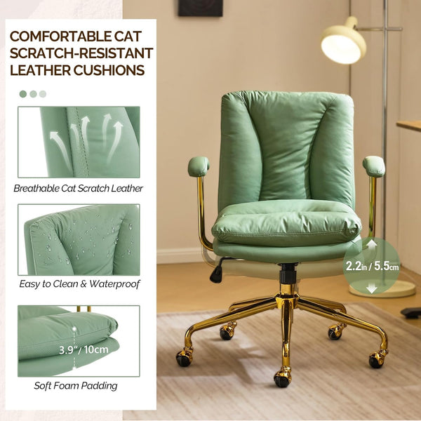 Office Chair Desk Chair with Wheels & Removable Armrests Gold Base Vanity Chair with Back Adjustable Rolling Swivel Computer Task Chair PU Leather
