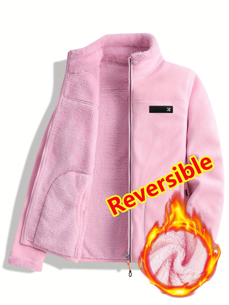 Women's Spring Casual Jacket, Thickened Shaggy Warm Printed Reversible Coral Sweatshirt, Double-Sided Outerwear