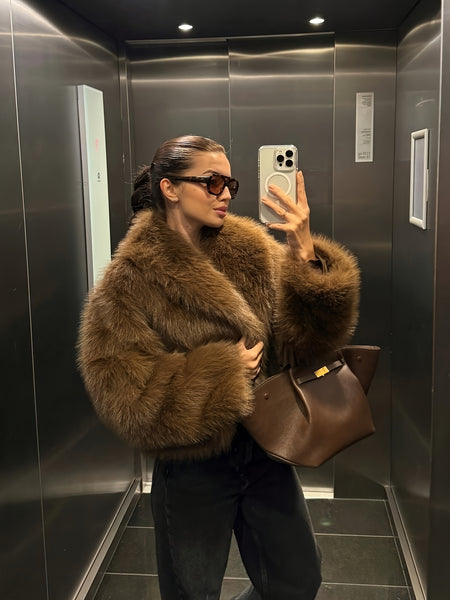 PEACHYZL Women'S Elegant Faux Fur Coat - Thickened Winter Jacket with Plush Lining, Loose Fit Long Sleeve Coat for Fall/Winter, BrownRed/