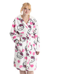 Hello Kitty Womens White Hooded Bathrobe | Cosy Fleece Loungewear with Pink Accents & Long Sleeves | Cartoon Character Design | Perfect for Relaxing Days | Hello Kitty Merch - Medium