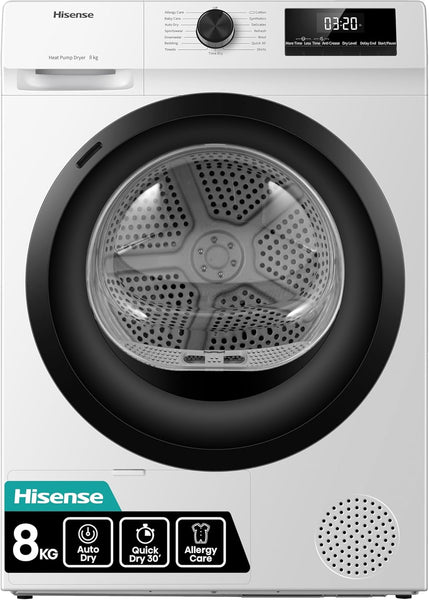Hisense DH1Q802BW2 60Cm Freestanding 8 KG Heatpump Front Load Tumble Dryer, 16 Programmes, Auto Dry, Steam Refresh, Allergy Care - White