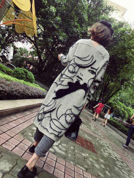 Women'S Abstract Batwing Sleeve Cardigan Sweater - High Neck & Contrast with Greyish- Tones, Mid-Length Casual Winter Fall Jacket, Cozy Character Pattern Design for Layering, Semi-Formal & Casual Attire, Cardigan Sweaters for Women