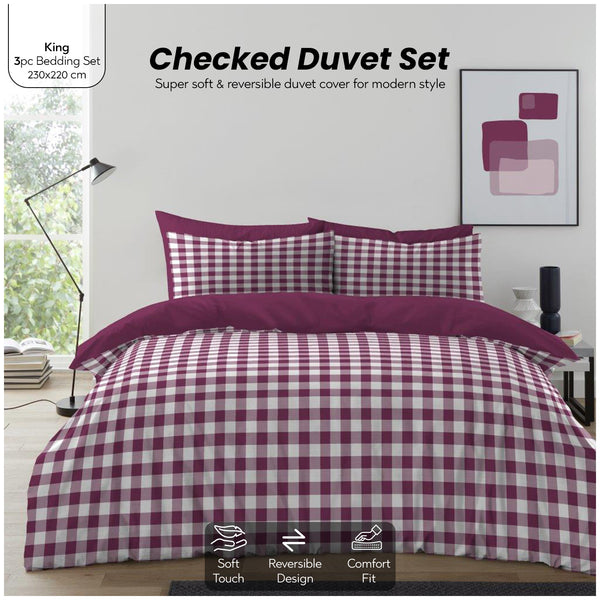 Gingham Moor Check Duvet Cover Set | Plain Reversible Microfibre Quilt Bedding with a Soft Lightweight Feel and Stylish Check Design | Ultra-Soft Matching Pillowcases for Everyday Bedroom Comfort | Available in Single, Double, King Sizes | Fast Dispatch f