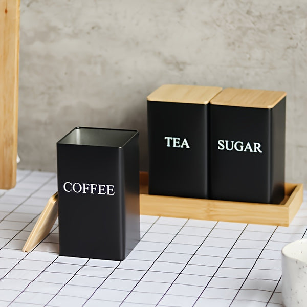 Set of 3 Cast Iron Kitchen Canisters with Wooden Lids