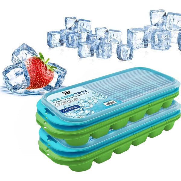 4 x Set of Ice Cube Tray with Lid Jelly Maker Ice Cube Tray | Non-Spill Stackable Lids - Ice Mould Dishwasher Safe BPA Free- 25.5cm Long, 11.5cm Wide, and 3cm deep