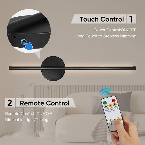 2pcs 50cm Rechargeable Wall Sconce Lights, Battery Operated Wall Lights 3 Color Temperature, Wall Lamp Dimmable Wireless with Remote Control Black for Living Room Bedroom
