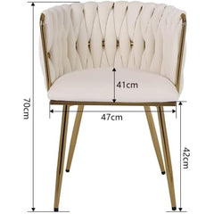 Set of 2 x Luxury Velvet/Metal Upholstered Seat Woven Dining Kitchen Home Restaurant Bar Pub Stool Chair (Cream/Gold)