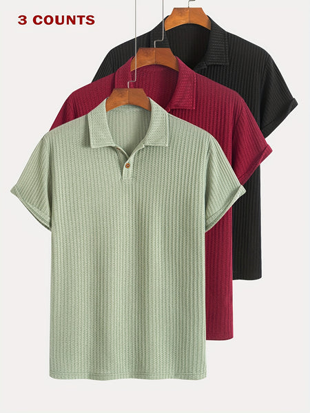 3pcs Set of Summer Casual Sporty Jacquard Knit Short-Sleeve Polo Shirts, 3pcs Jacquard Texture Short-Sleeve Polo Tops