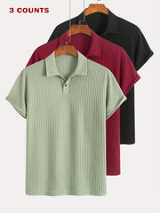 3pcs Set of Summer Casual Sporty Jacquard Knit Short-Sleeve Polo Shirts, 3pcs Jacquard Texture Short-Sleeve Polo Tops