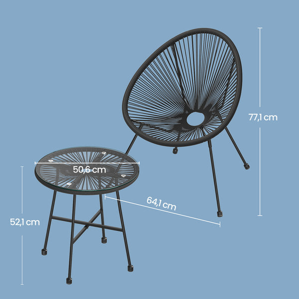 Garden Patio Furniture Set 3pcs, Acapulco Chair, Outdoor Seating, Glass Top Table and 2 Chairs, Indoor and Outdoor Conversation, Black,Green
