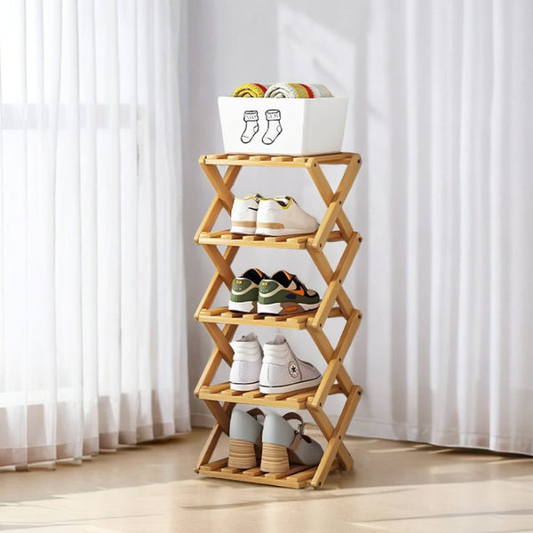 4/5/6/7 Tiers Bamboo Wooden Shoe Rack, Vertical Shoe Racks Storage Shelves Tall Shoe Tower, Collapsible Narrow Shoe Stand, Installation Free Folding X-Shape Shoe Racks Sneakers Slippers Holder Organizer, Multi Functional Shoe Rack Durable Footwear Cabinet