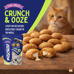 Pure Breed Mischief Cat Treats 6 Pack | Cheese Flavour Pillow Snacks for Cats | Crunchy Outer & Creamy Centre | Low Calorie Cat Bites (Only 2 kcal Each) | Natural Resealable Cat Treat Pouches for Everyday Rewards