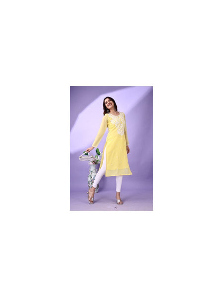 Estationeryhouse Women's Georgette Lucknowi chikankari kurti, Rose Design with Heavy Embroidery, Without Bottom